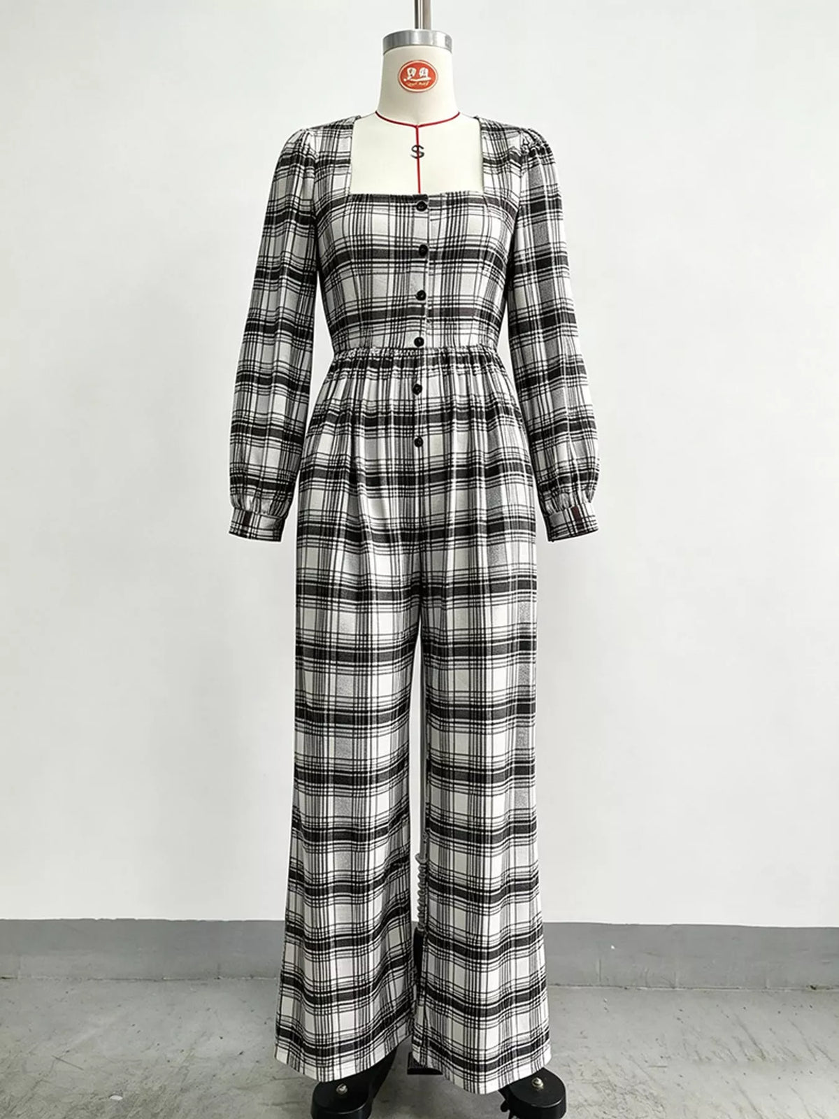 Plaid Square-Neck Wide-Leg Jumpsuit