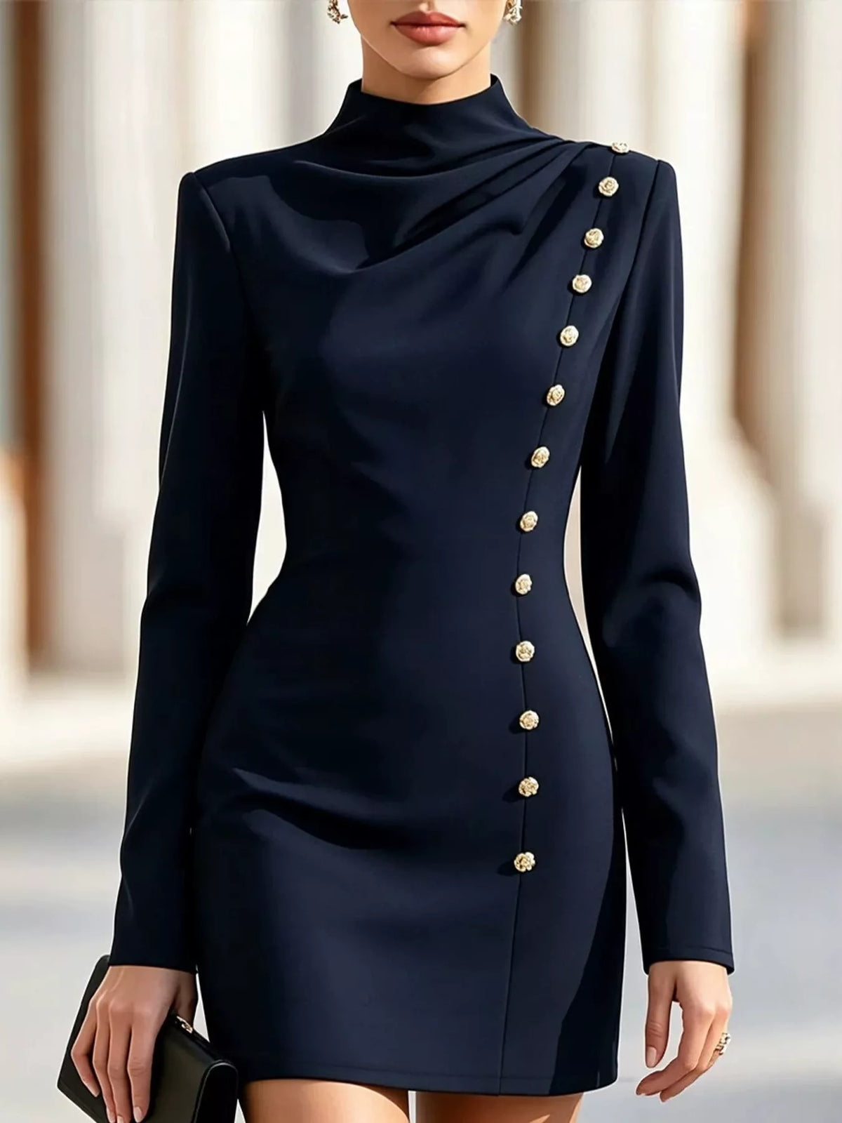 Decorative Button Mock Neck Mini Dress