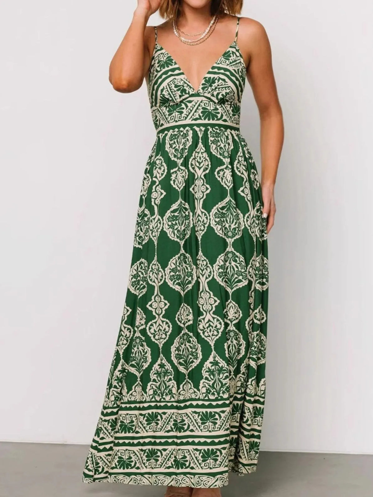 Printed V-Neck Maxi Cami Dress in Matcha Green