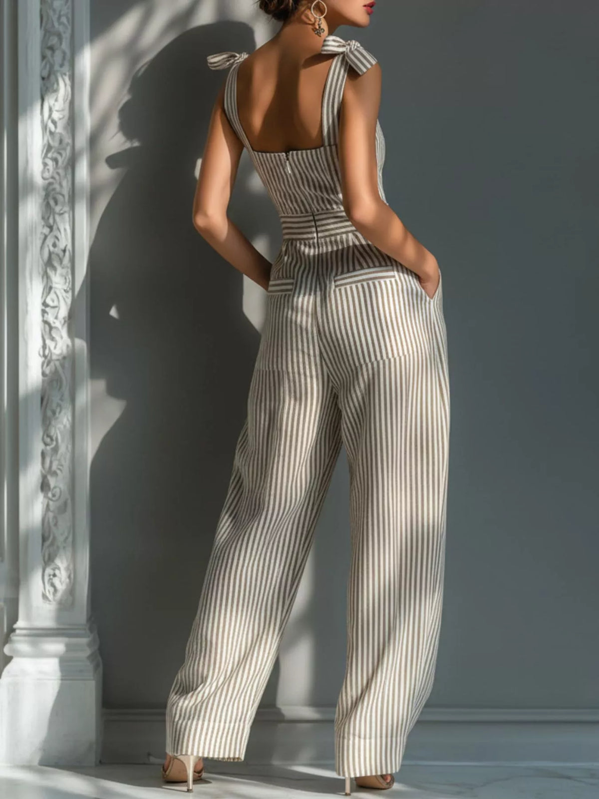 Striped Tie-Shoulder Wide-Leg Jumpsuit in Khaki