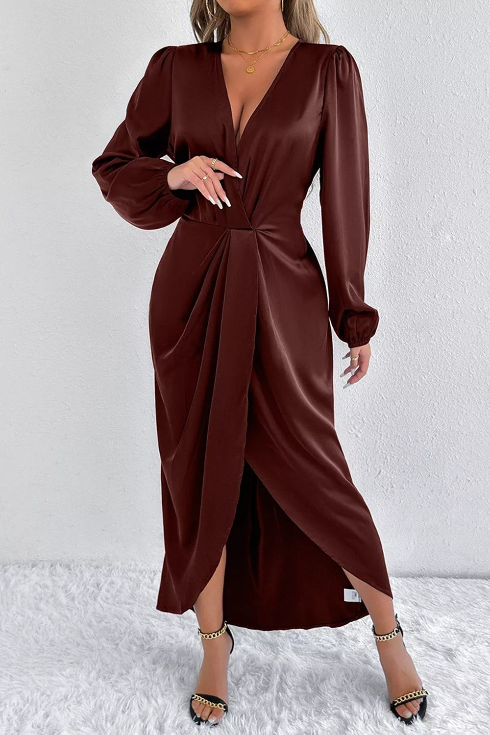 Satin Balloon Sleeve Midi Dress with Side Split