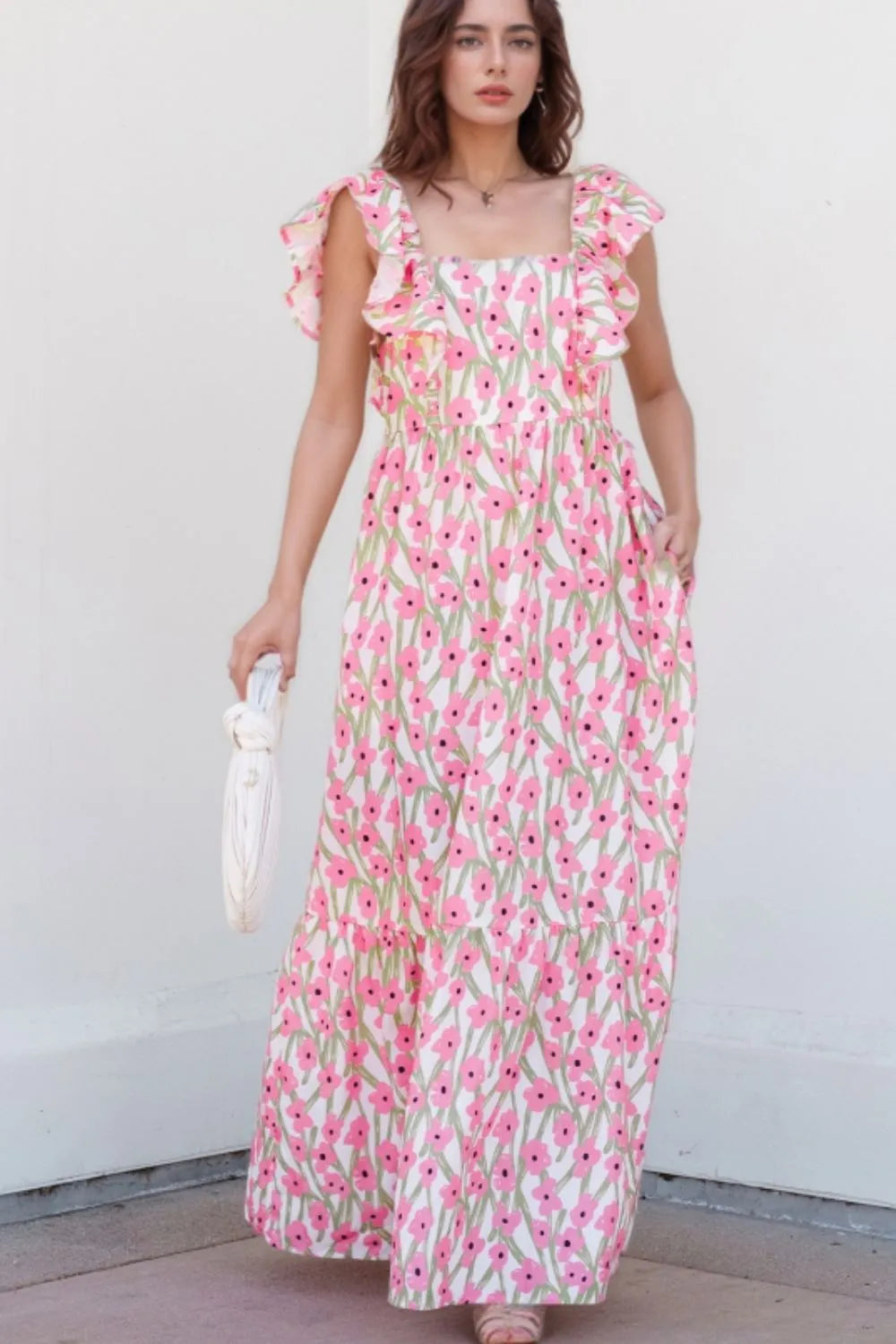Floral Square Neck Ruffled Maxi Dress in Blush Pink