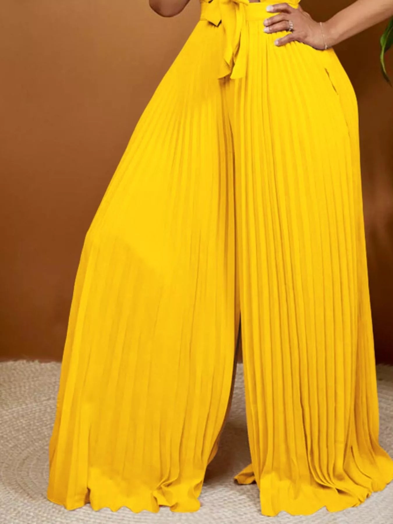 Tie-Front Pleated Wide Leg Jumpsuit