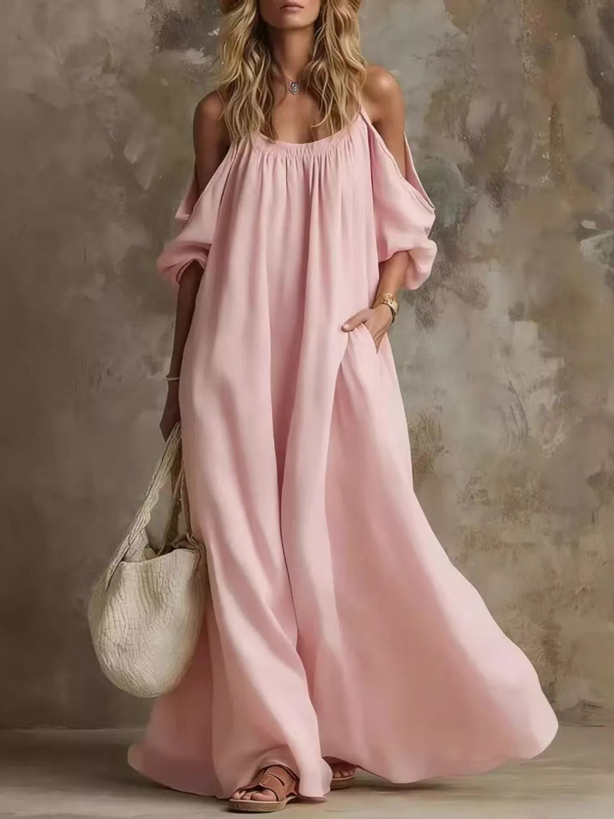 Cold-Shoulder Pocketed Maxi Dress