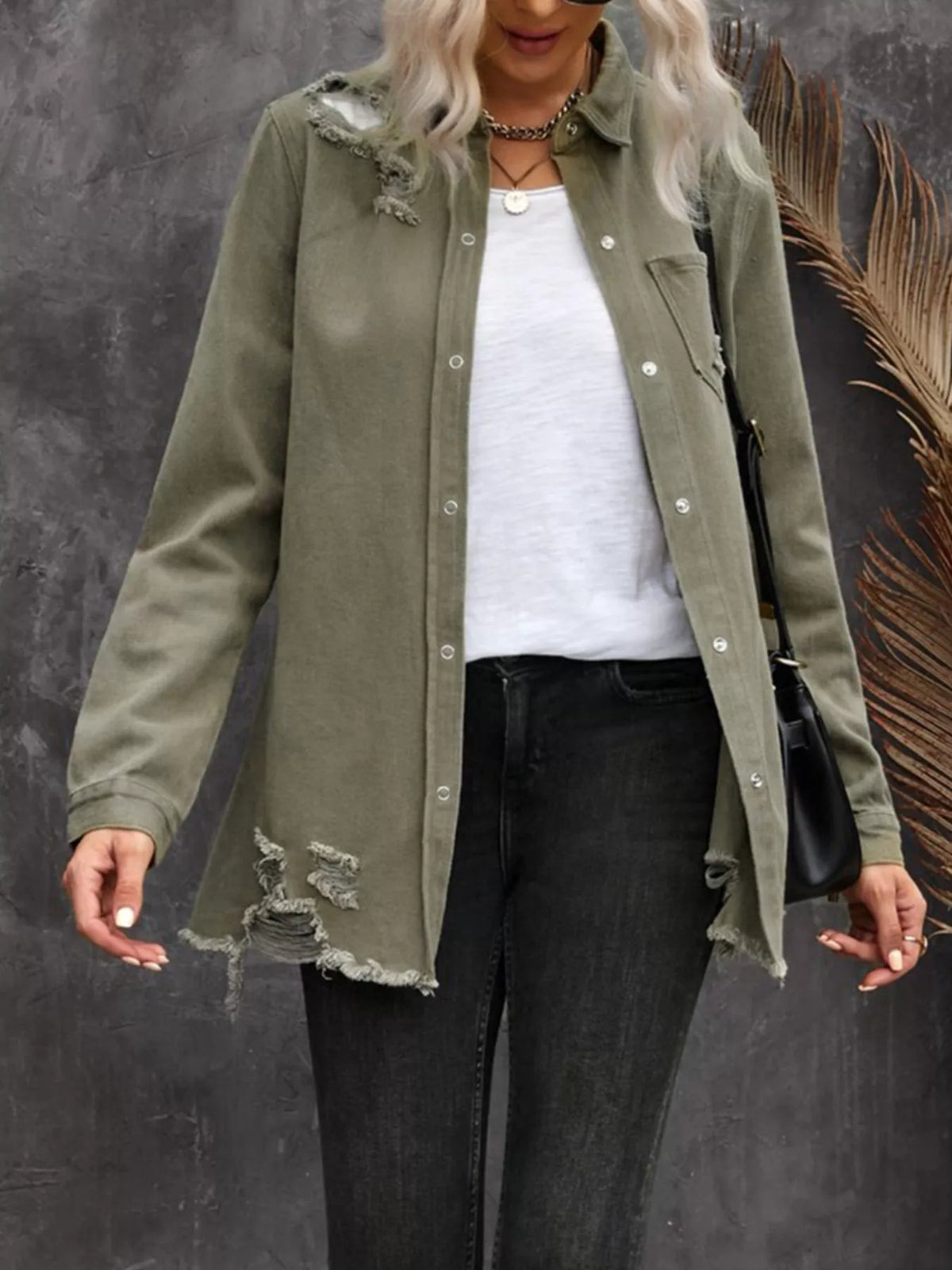 Distressed Raw Hem Denim Shirt Jacket in Army Green