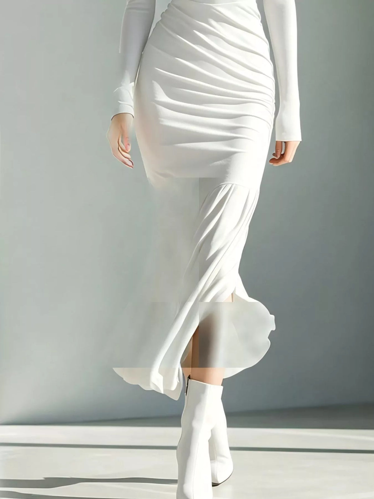 Slit Turtleneck Ruched Bodycon Mermaid Dress, Full Size