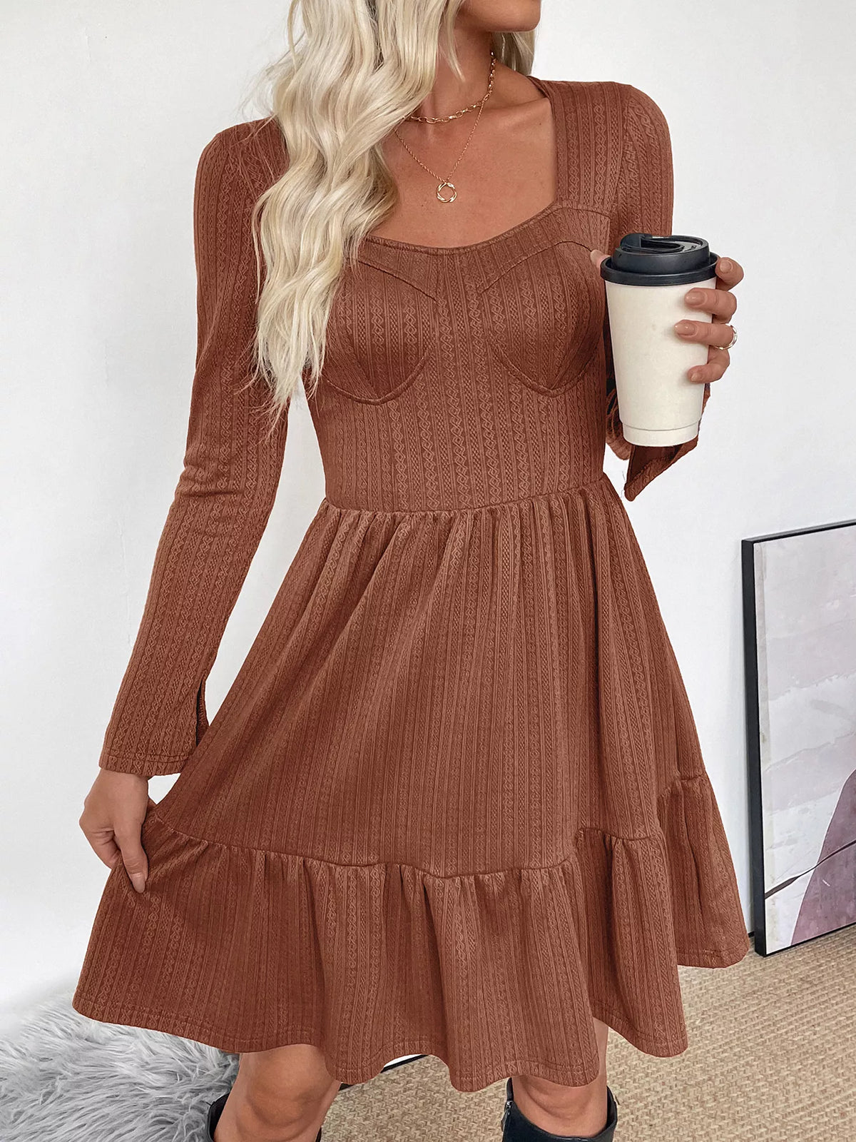 Ruffled Hem Long Sleeve Knit Dress in Coffee Brown