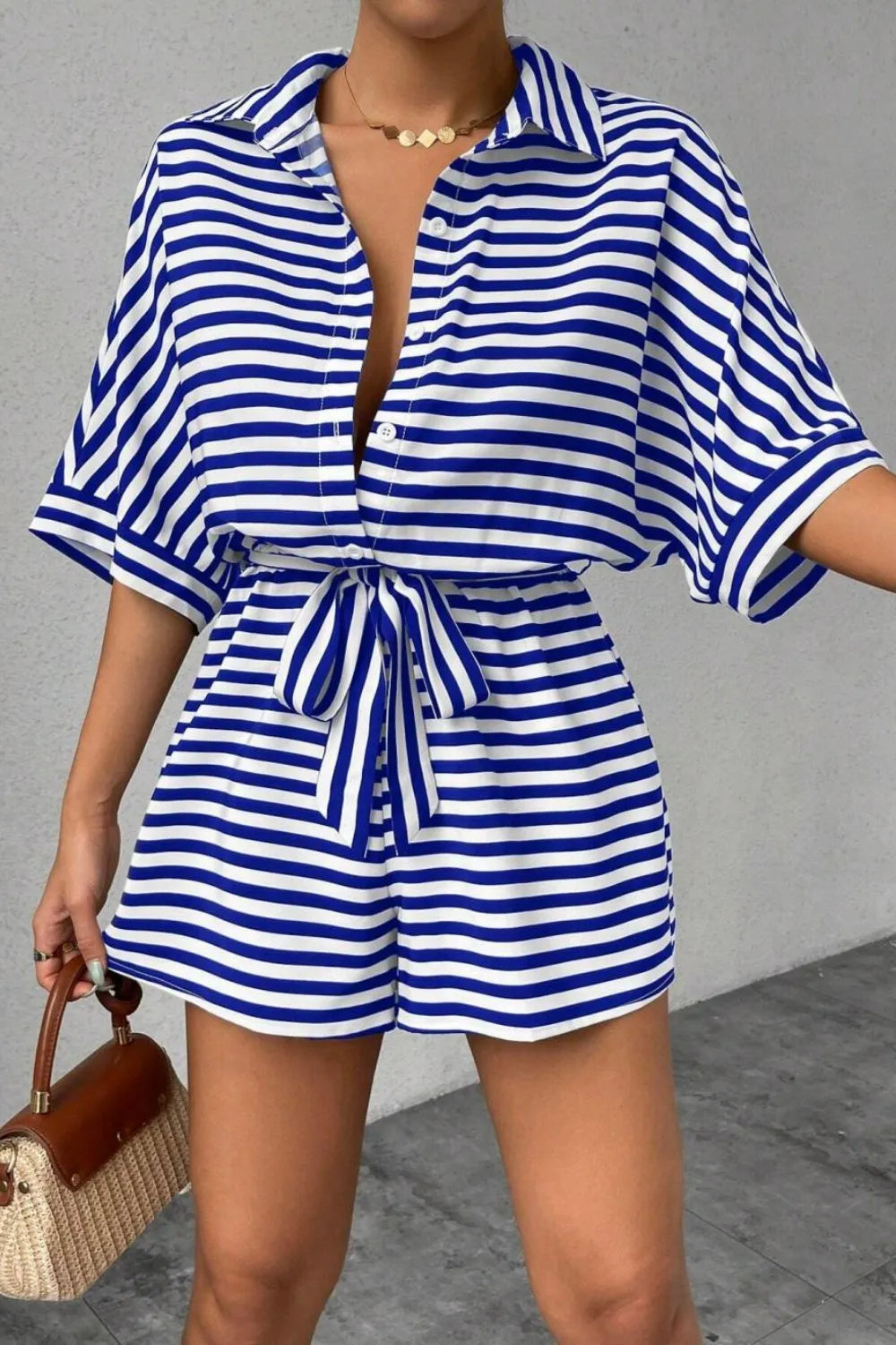 Striped Collared Tie Waist Romper