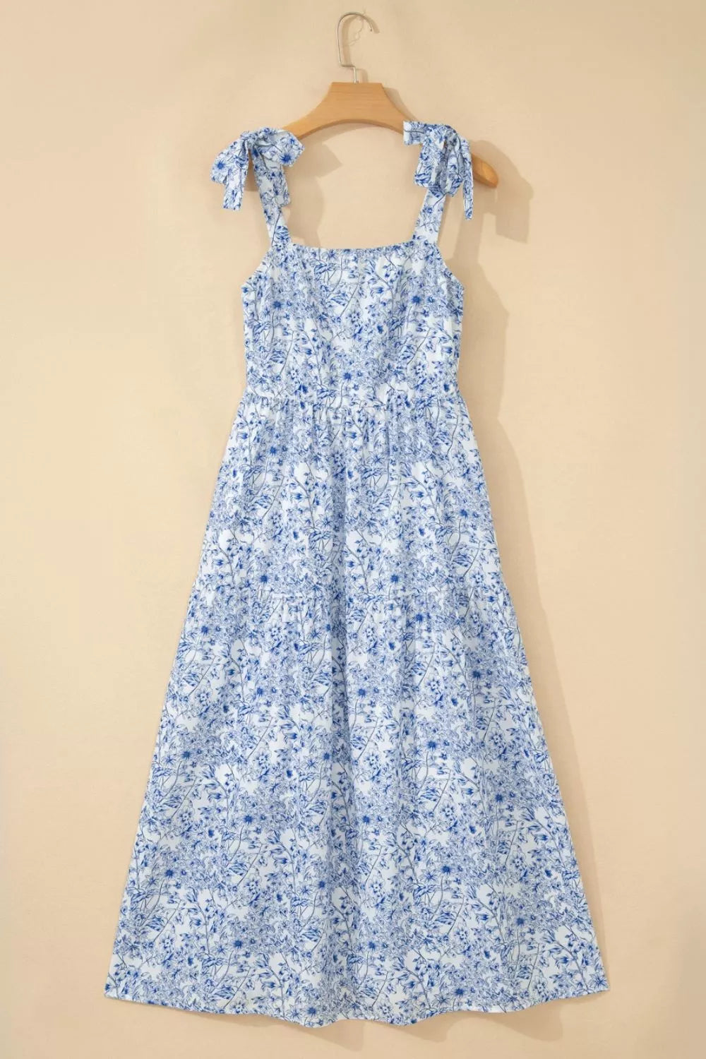 Floral Print Knot-Strap High-Waist Maxi Dress in Light Blue