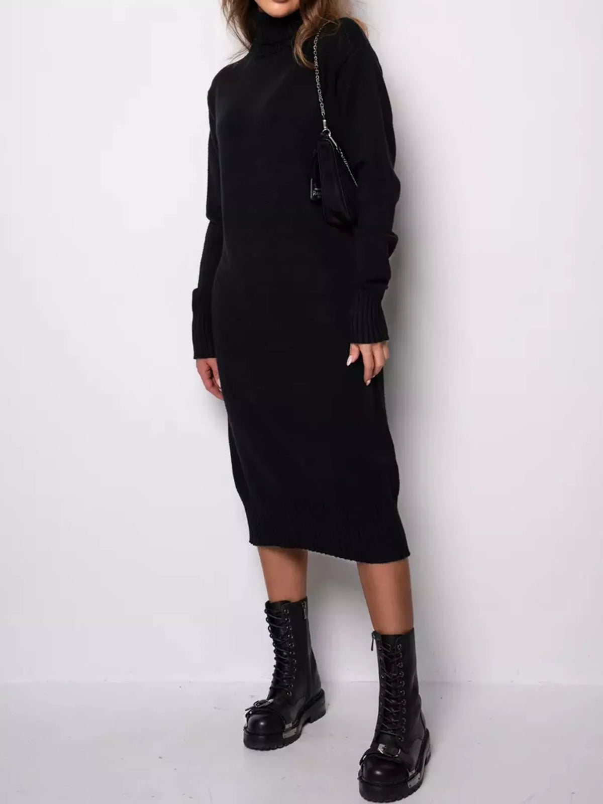 Relaxed Fit Turtleneck Ribbed Knit Sweater Dress