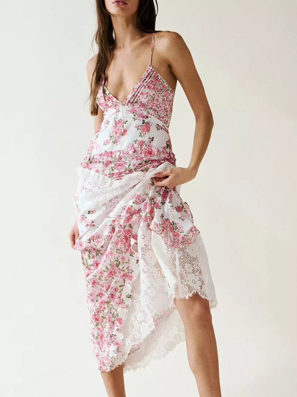 Lace Floral Ruffle Trim Maxi Dress