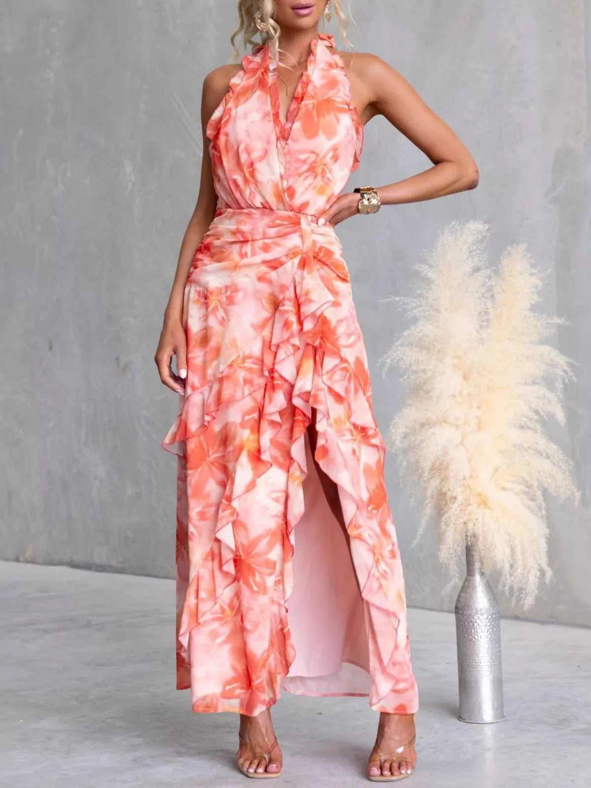 Floral Ruffle Halter Neck Maxi Dress
