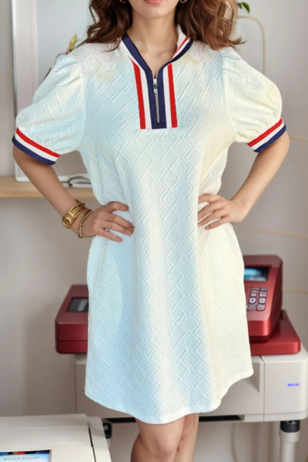 Striped Collared Zip-Up Textured Dress