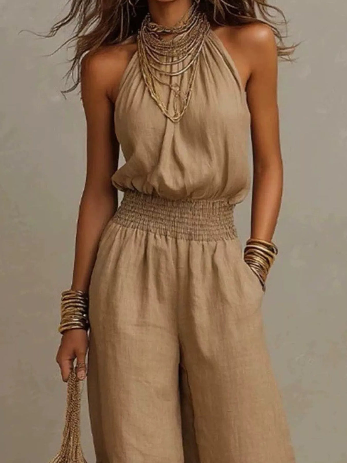 Halter Neck Smocked Wide-Leg Jumpsuit