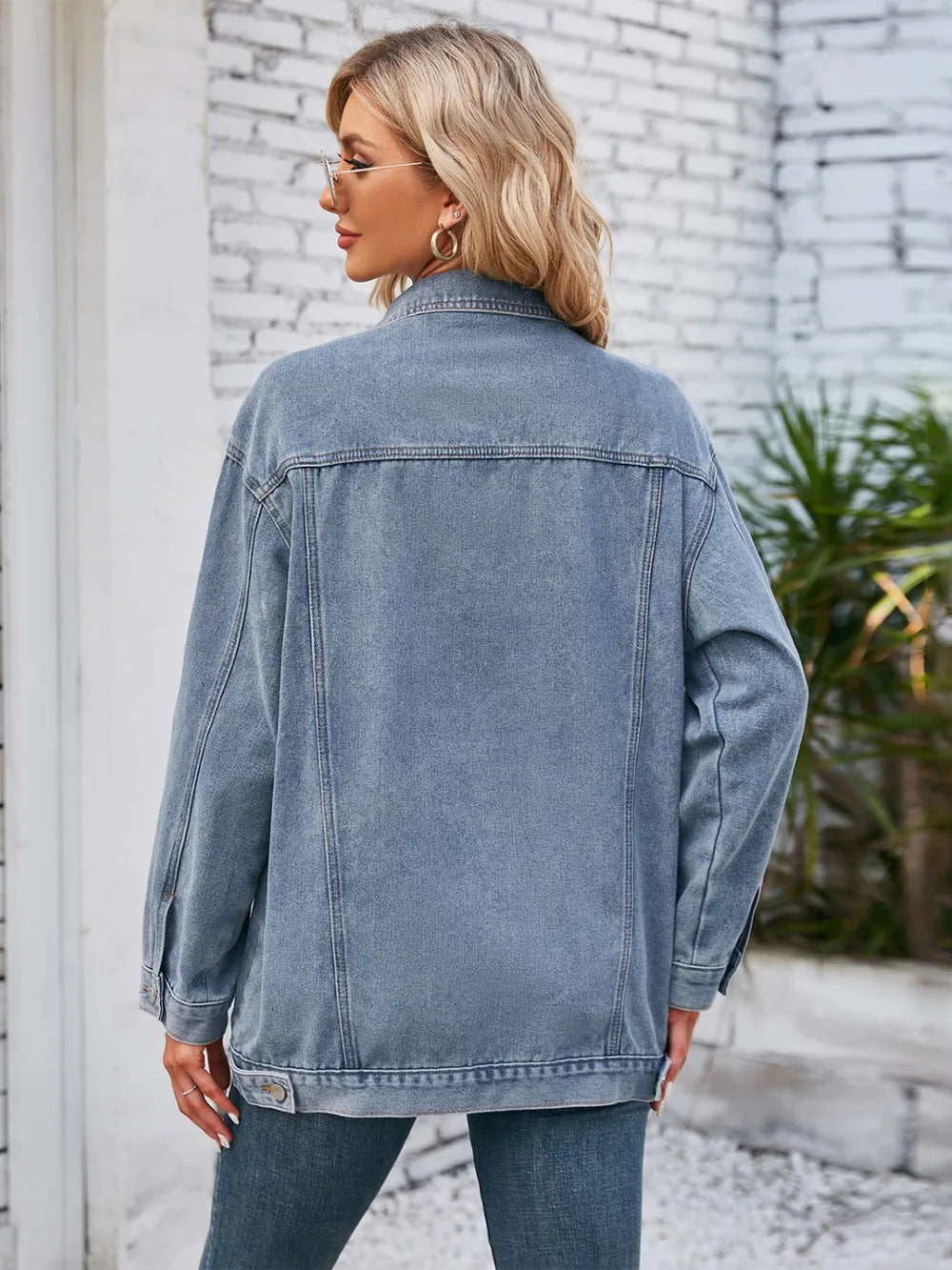 Button-Up Long Sleeve Denim Jacket with Pockets by Manny