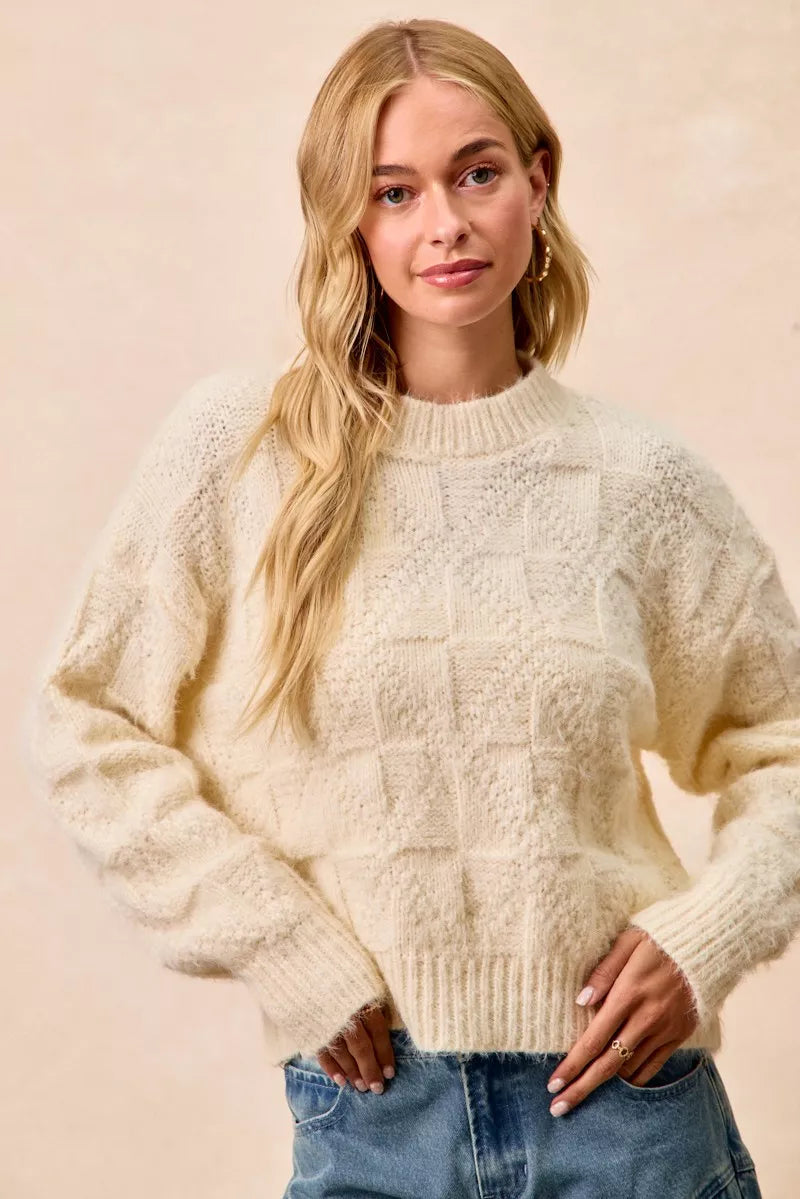 Checkerboard Drop Shoulder Sweater in Ivory by BiBi