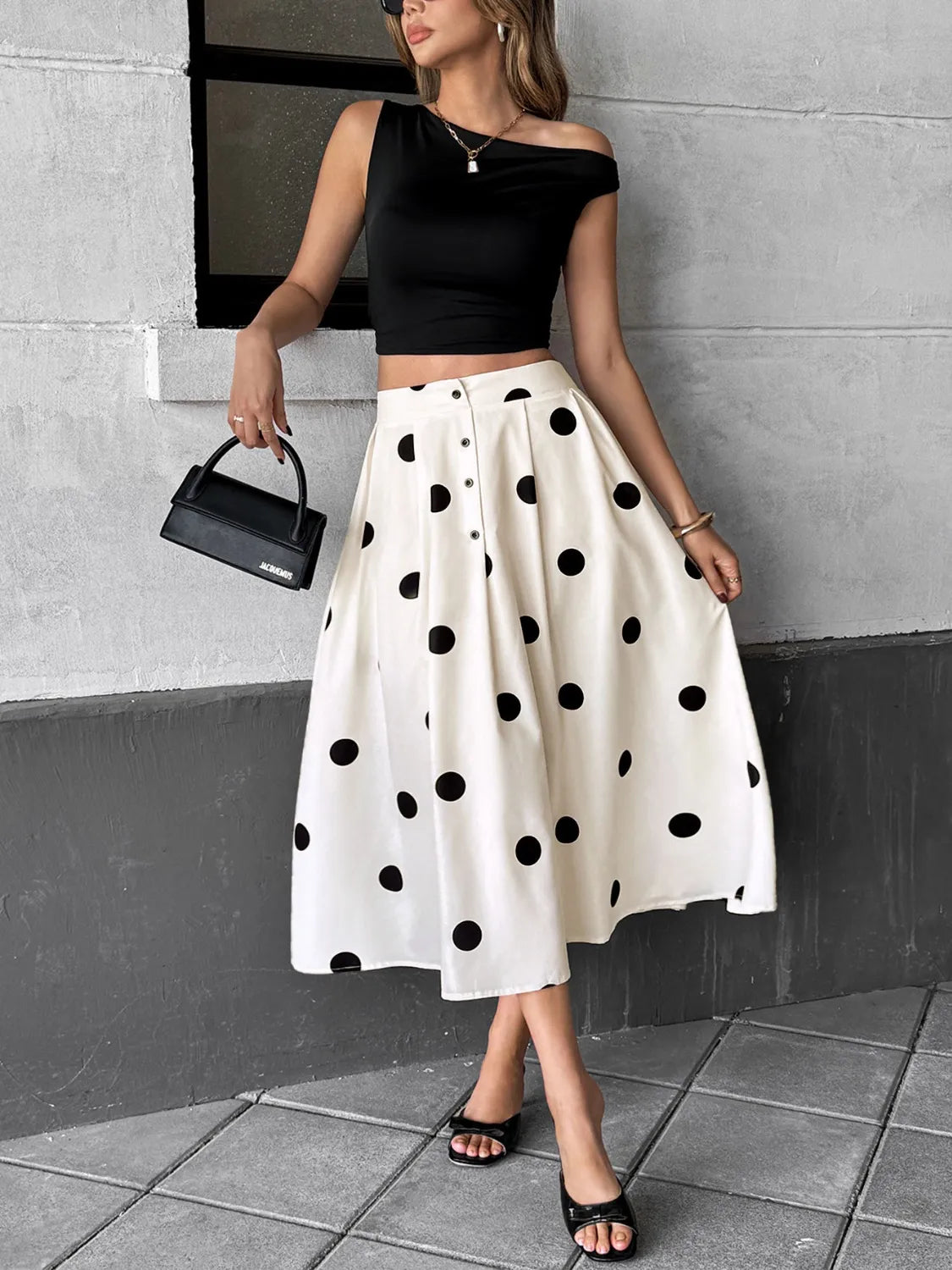 Polka Dot Button Skirt in Cream