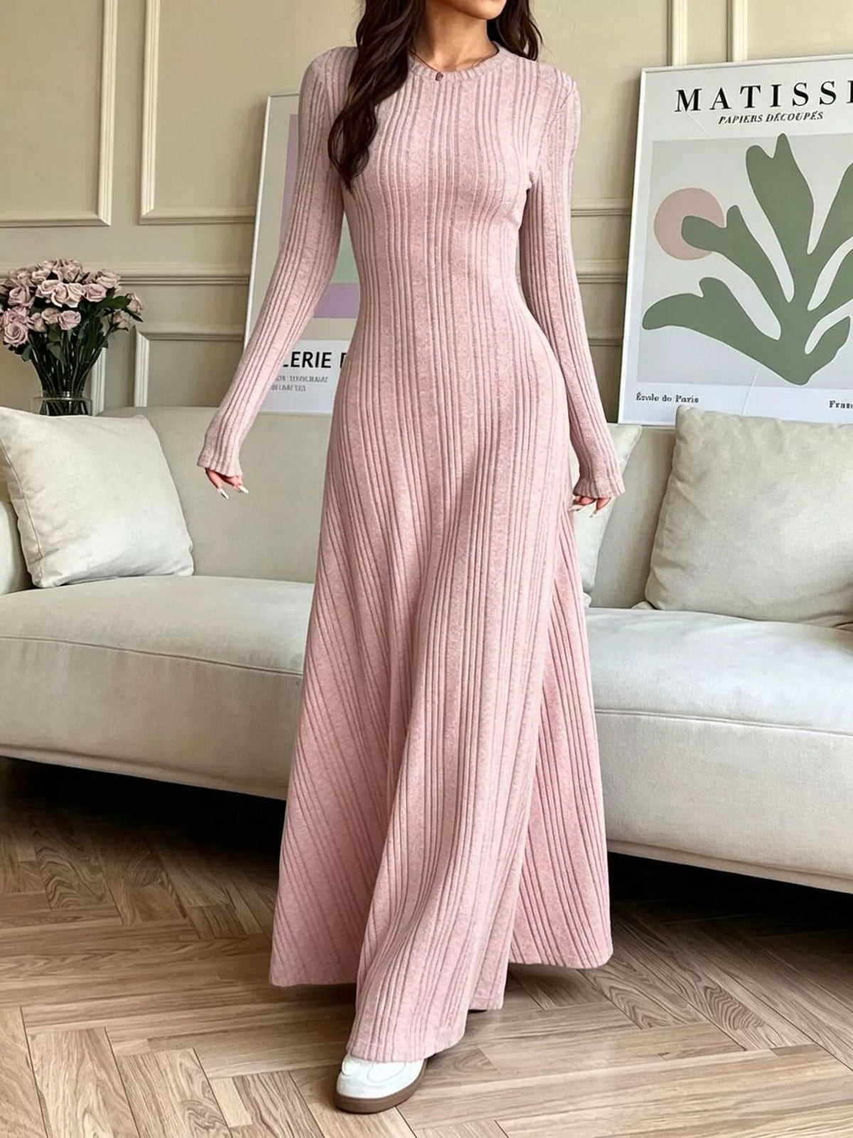 Ribbed Knit Long-Sleeve Dress