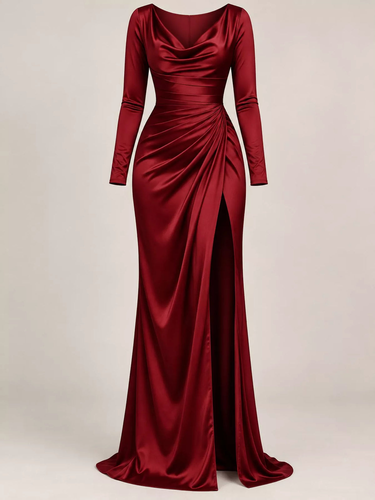 Satin Cowl Neck High Slit Evening Maxi Dress in Black