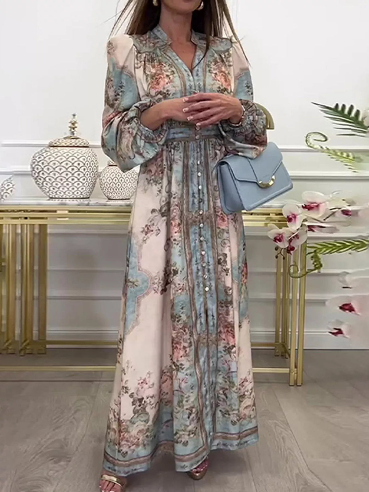 Puff-Sleeve Floral Maxi Dress in Air Force Blue, Plus Size