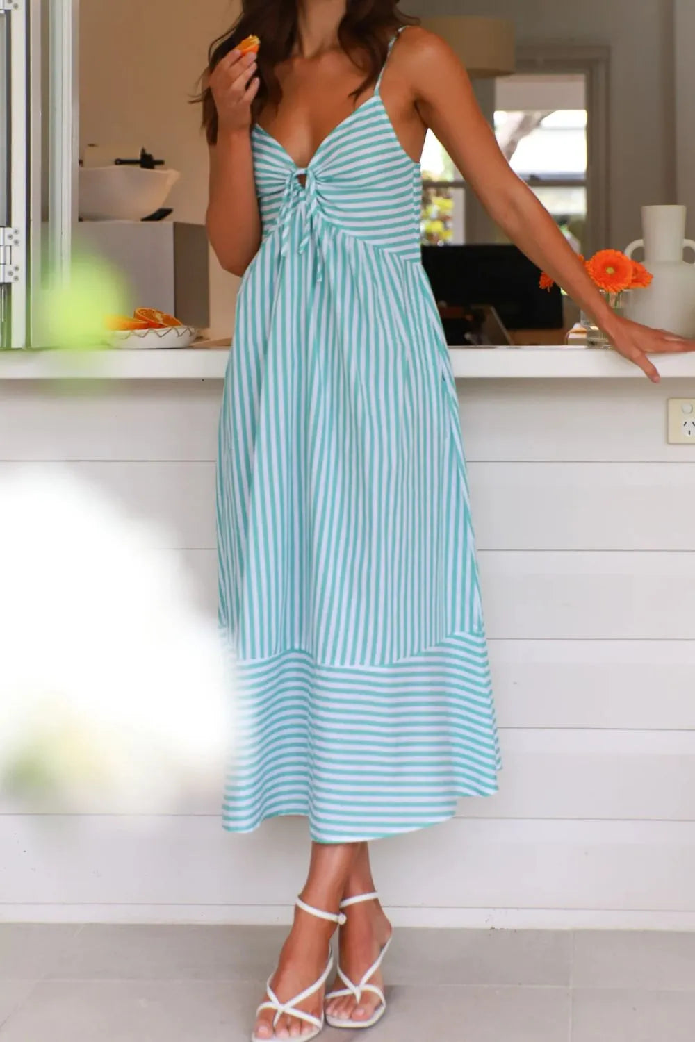 Striped Smocked-Back Midi Dress