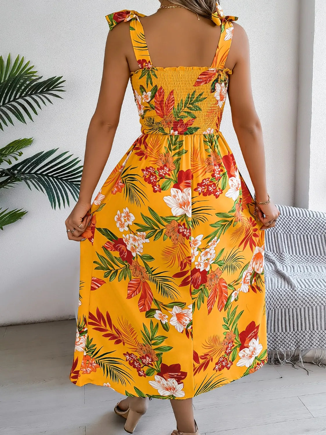 Smocked Floral Tie-Shoulder Midi Dress
