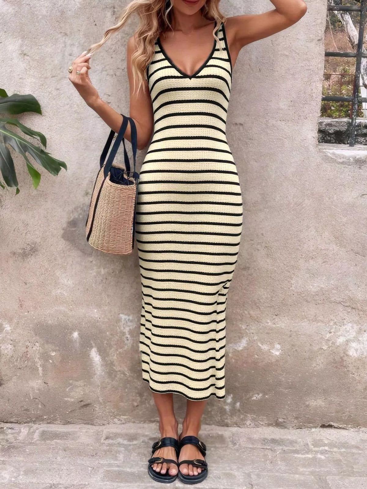 Striped Ribbed Bodycon Midi Dress