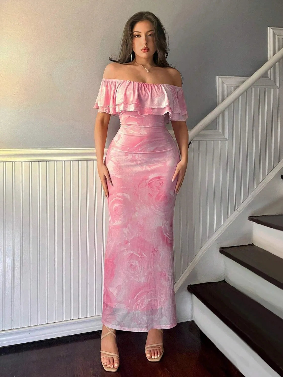 Layered Ruffled Off-Shoulder Dress in Pink