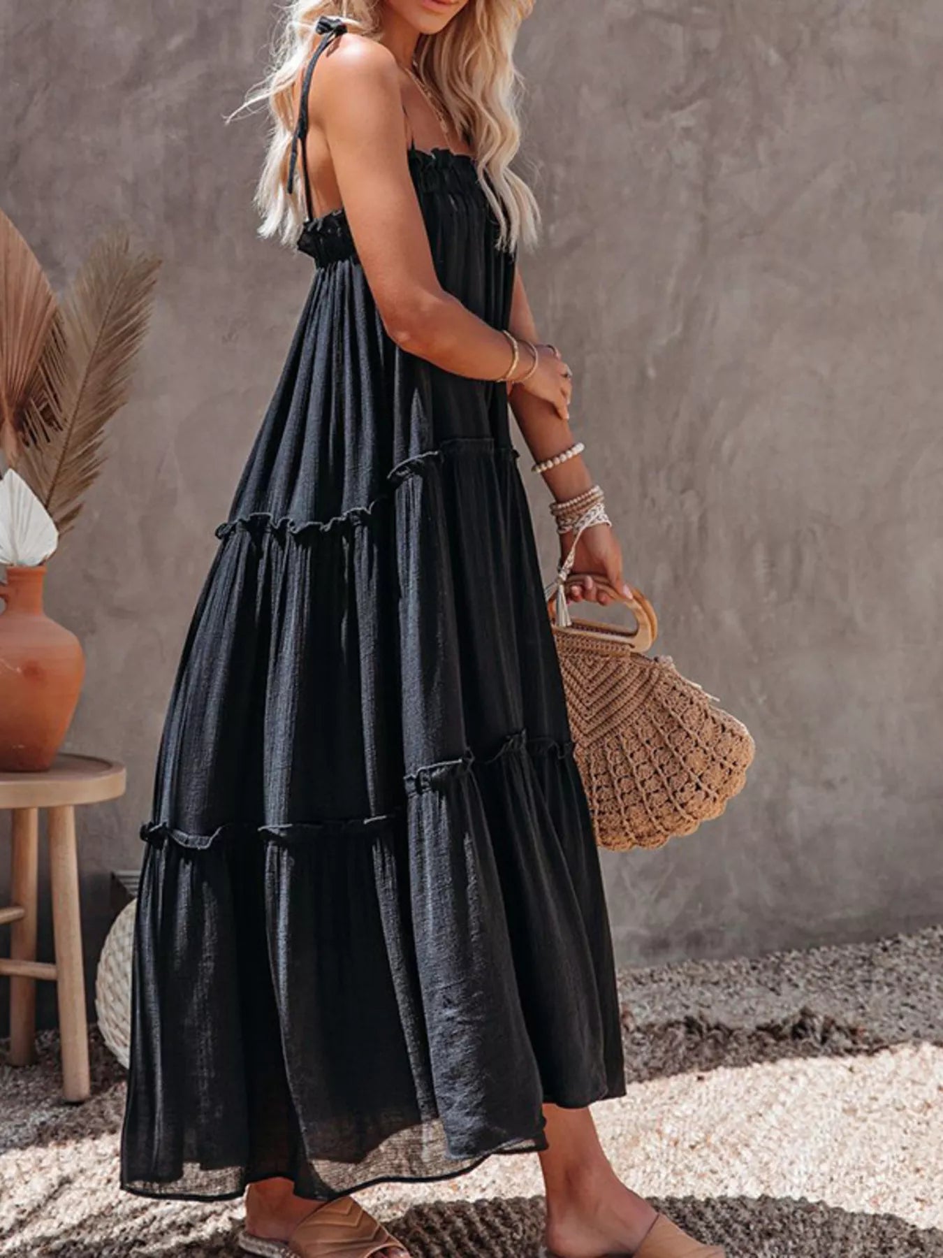 Tiered Ruffle Maxi Dress in Black