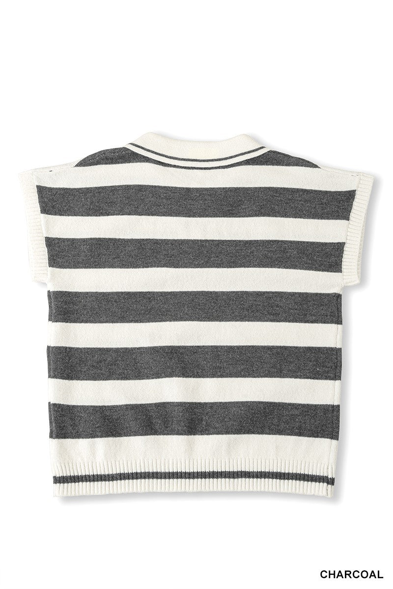 Zenana Striped Collared Short Sleeve Sweater in Charcoal