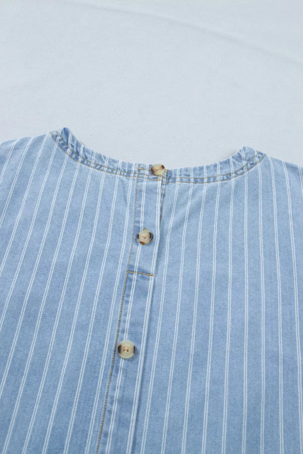 Striped Buttoned-Back Denim Mini Dress in Light Blue