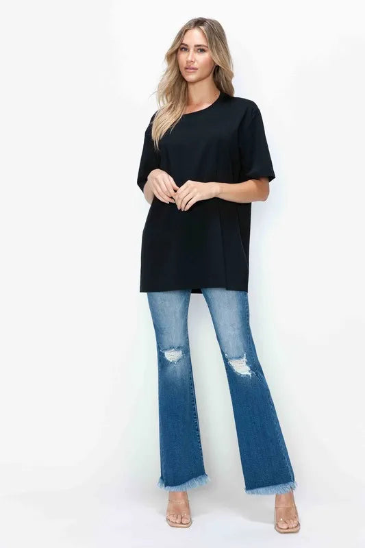 Raw Hem Distressed High Rise Bootcut Jeans in Medium Wash