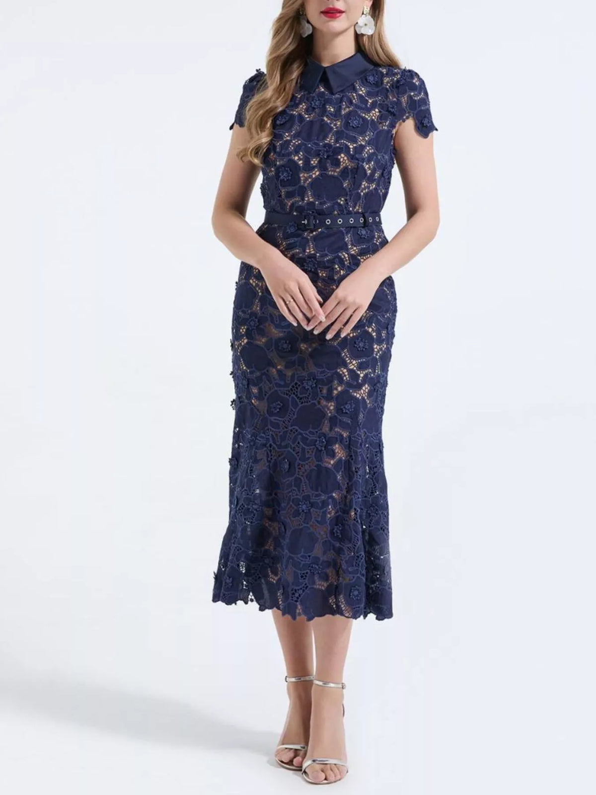 Floral Lace Short-Sleeve Midi Dress