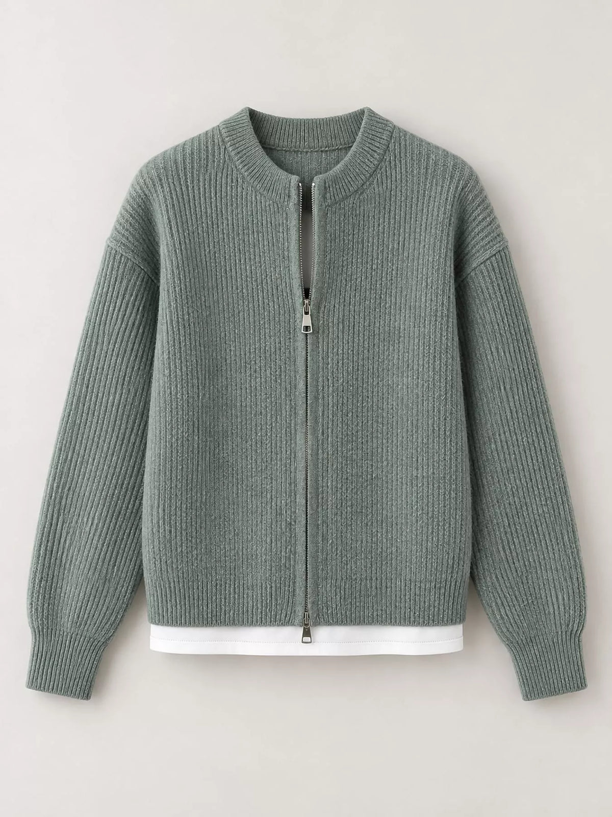 Zip-Up Dropped Shoulder Ribbed Cardigan