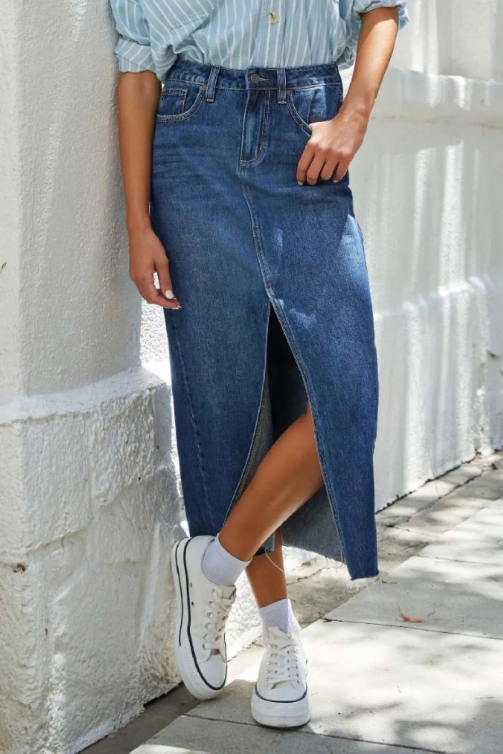 Slit Raw Hem Midi Denim Skirt by X@Y@K
