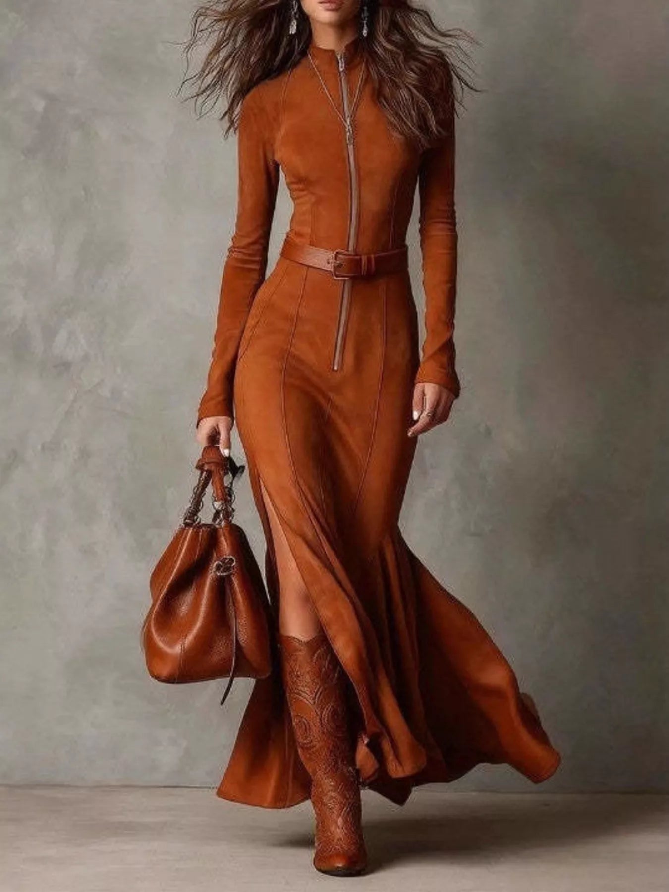 Belted Zip-Front Slit Maxi Dress