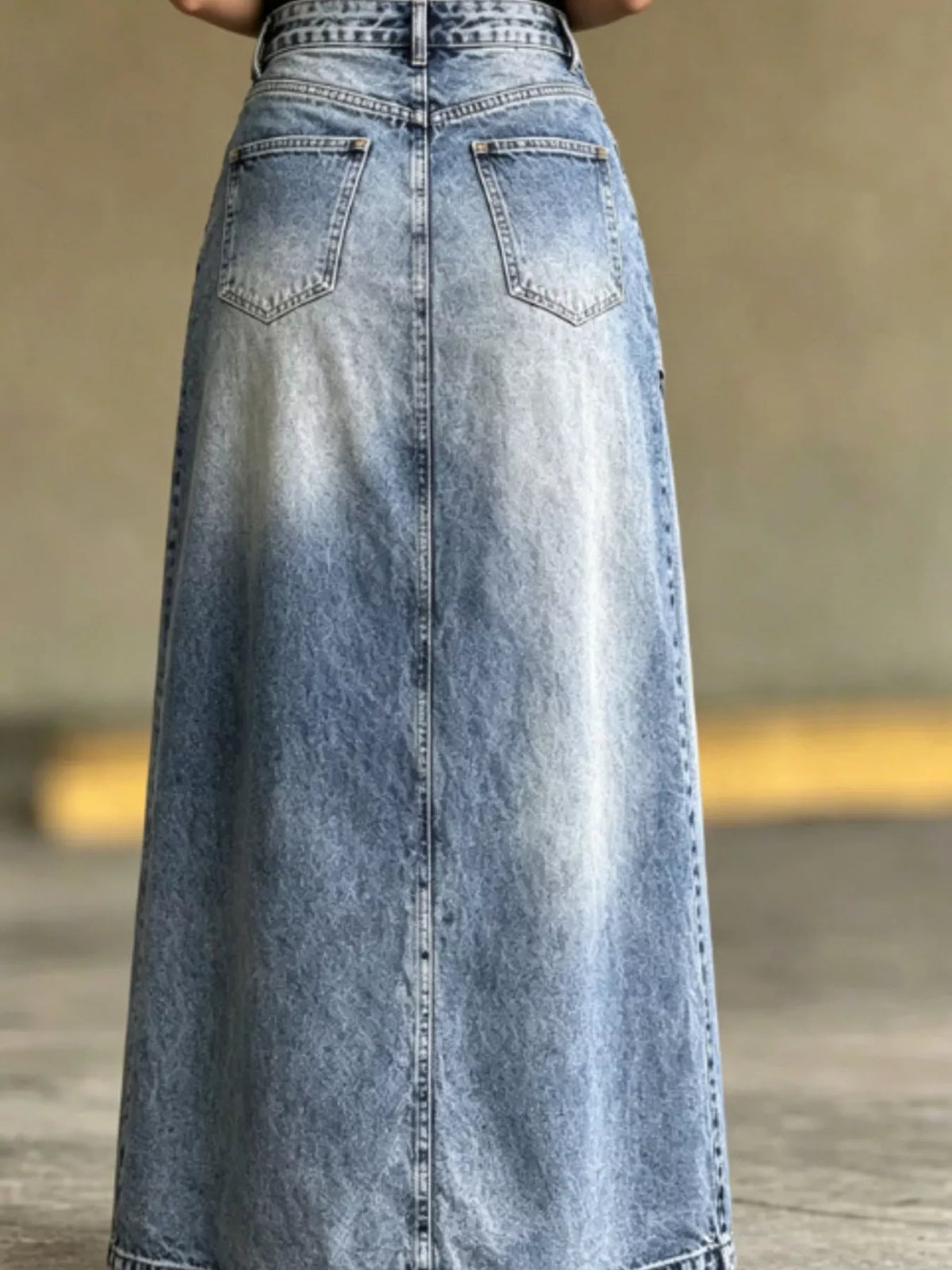 High-Waisted Asymmetric Slit Denim Maxi Skirt in Light Blue