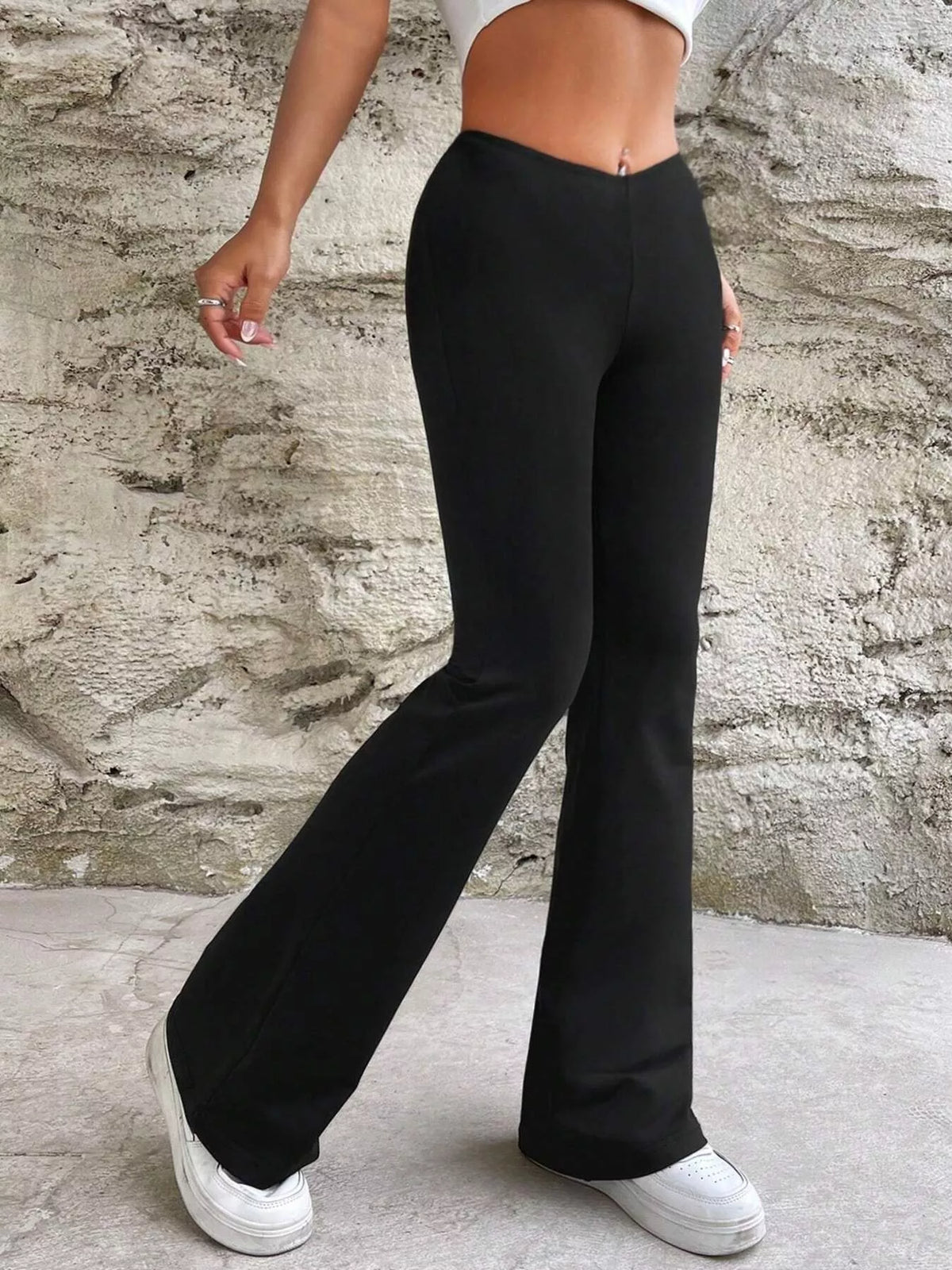 High-Waisted V-Cut Flare Leg Pants in Black