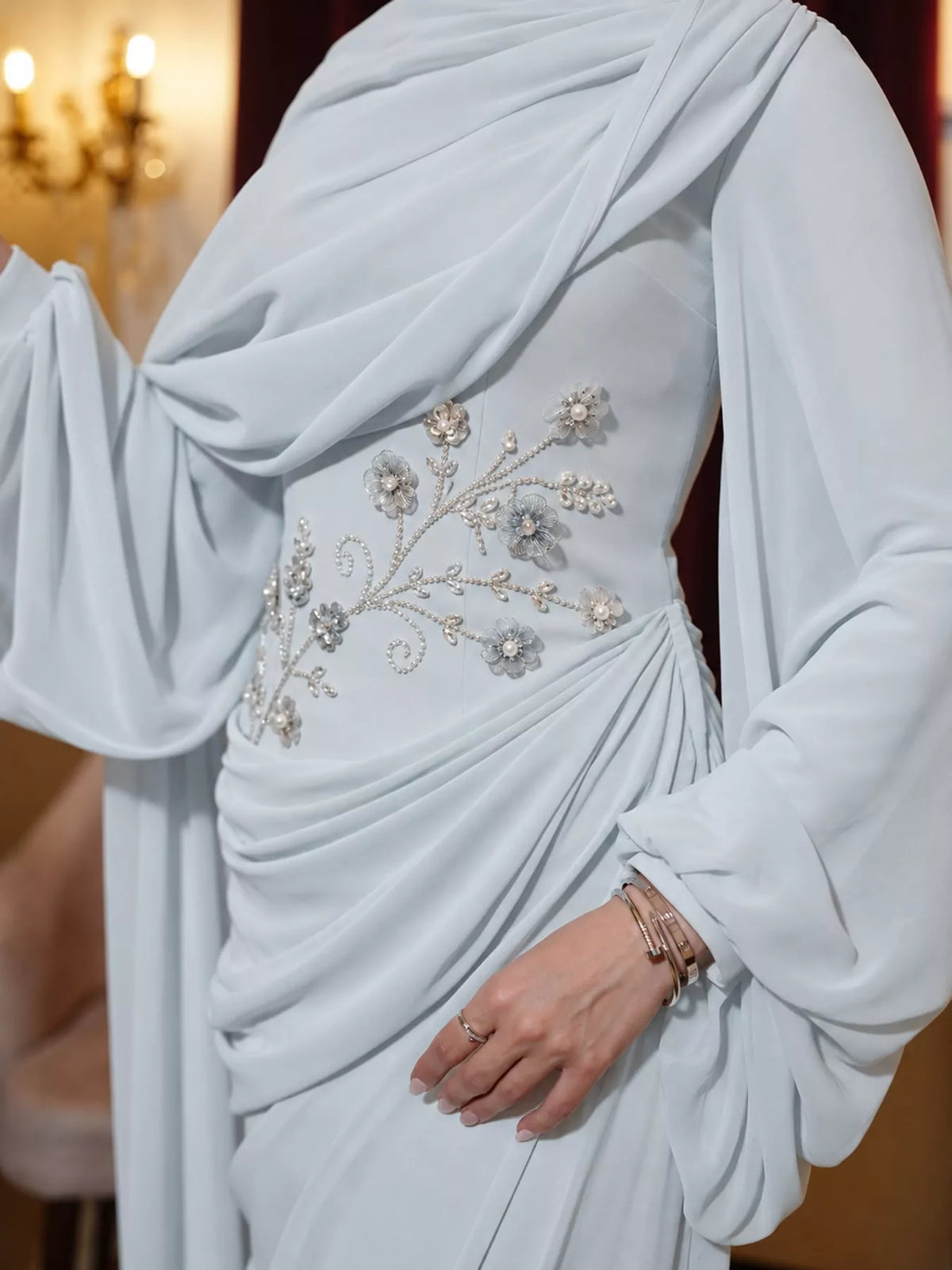 Long-Sleeve Rhinestone Ruched Maxi Evening Dress