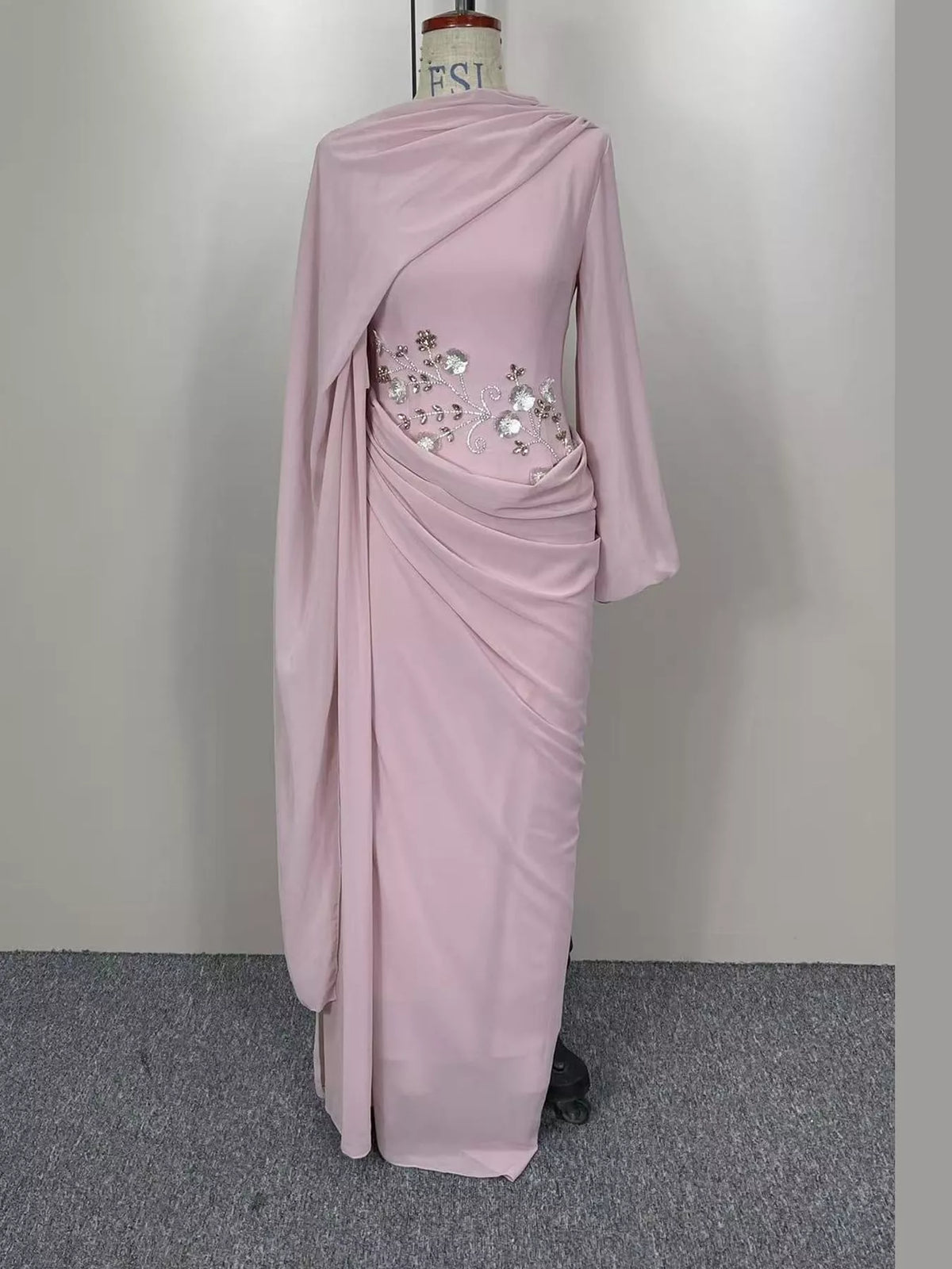 Long-Sleeve Rhinestone Ruched Maxi Evening Dress