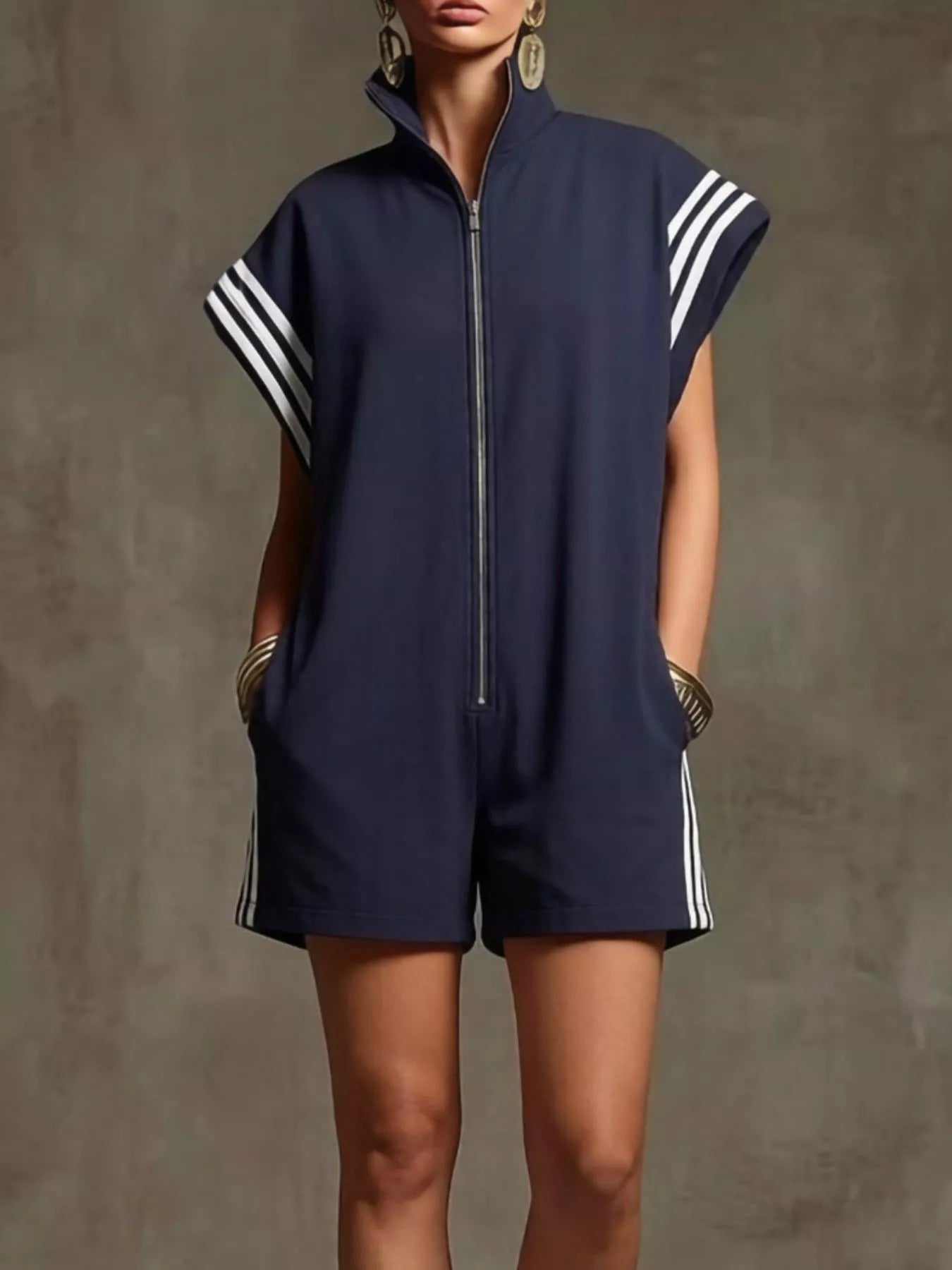Striped Zip-Front Short-Sleeve Romper