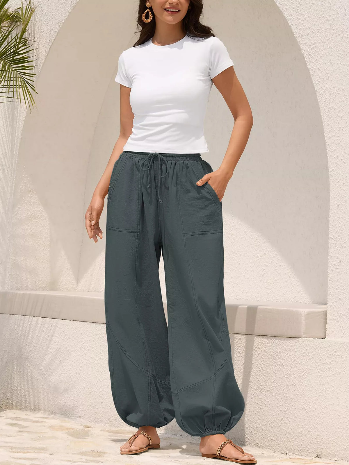 Contrast-Stitch Drawstring Harem Joggers
