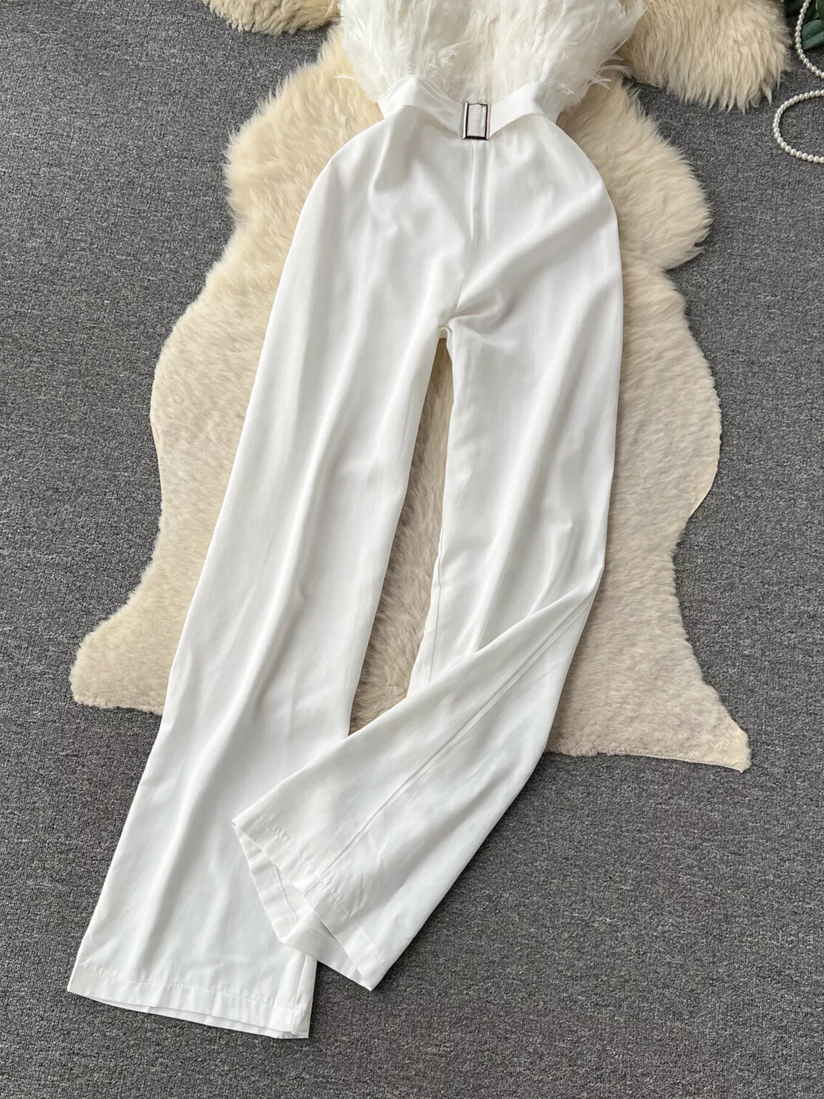 Feather-Trim Strapless Wide Leg Jumpsuit