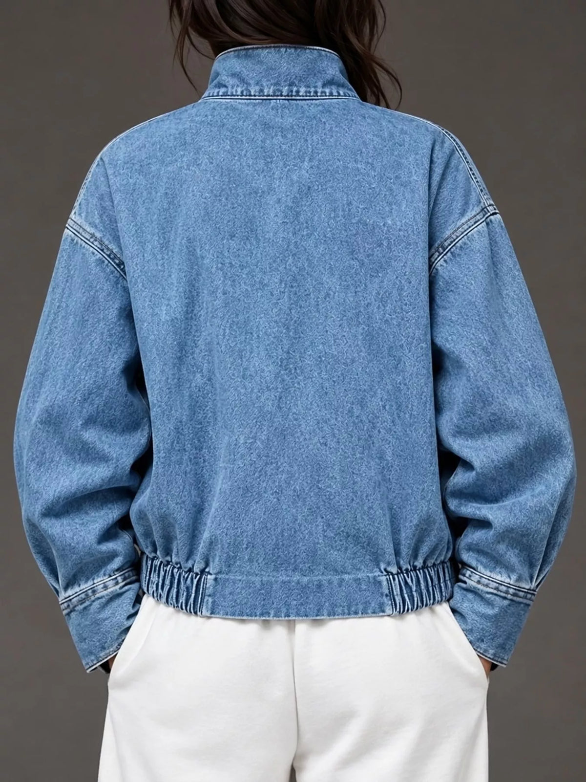 Stand-Collar Zip-Up Denim Jacket