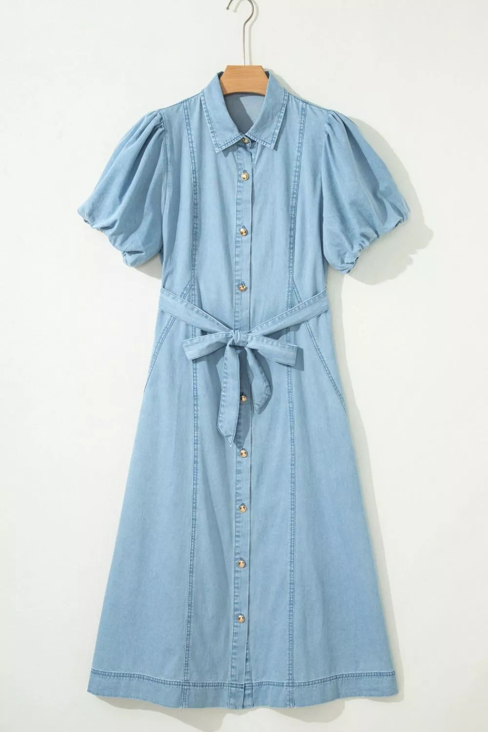 Collared Bubble Sleeve Denim Dress in Light Blue