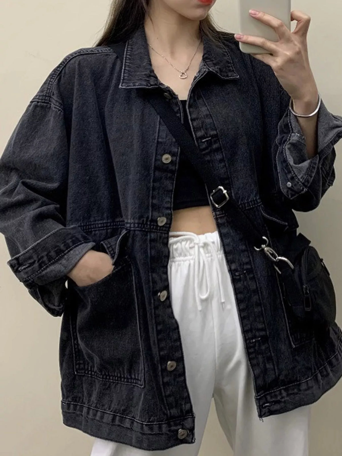 Oversized Denim Jacket with Utility Pockets