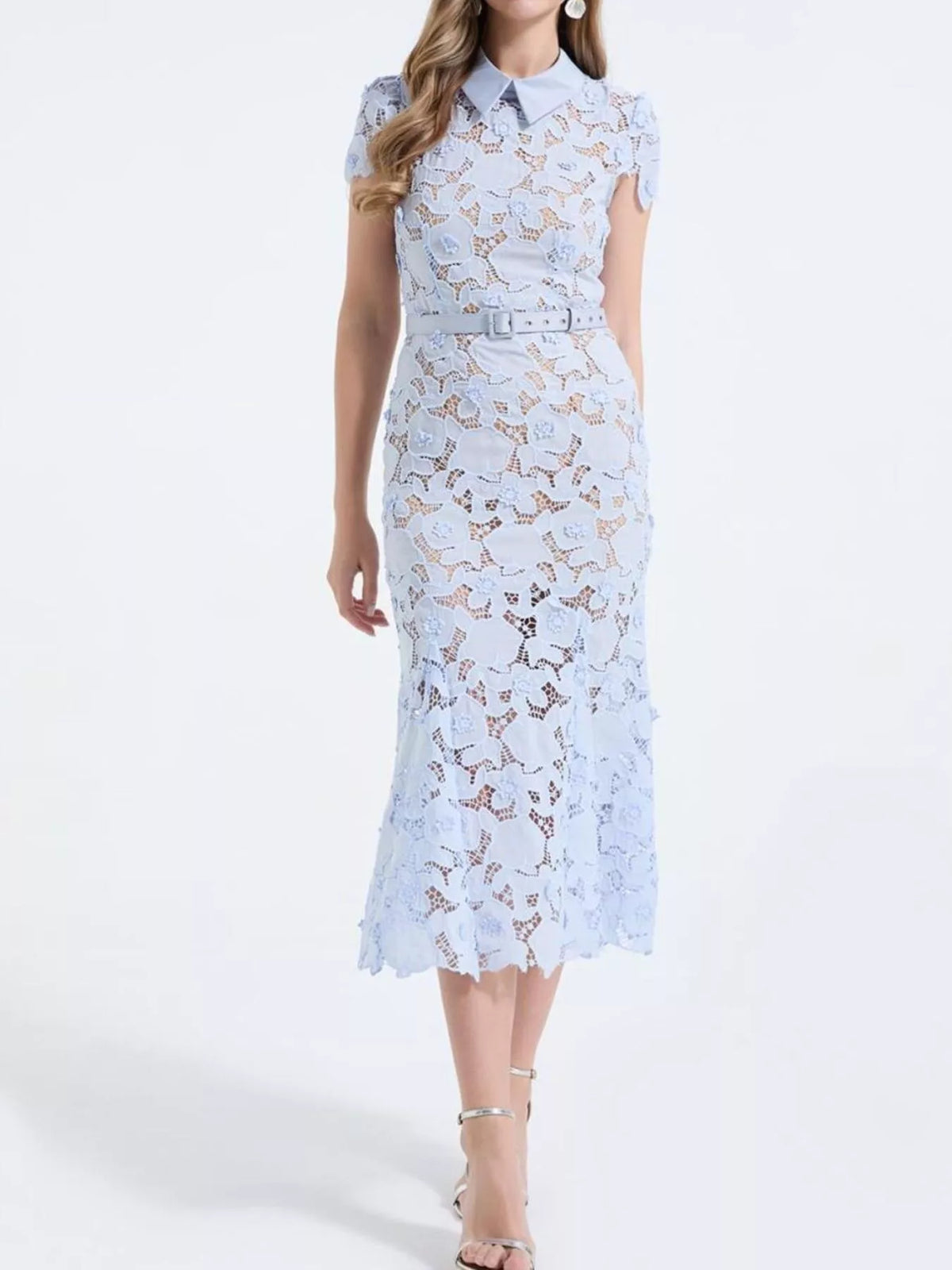 Floral Lace Short-Sleeve Midi Dress