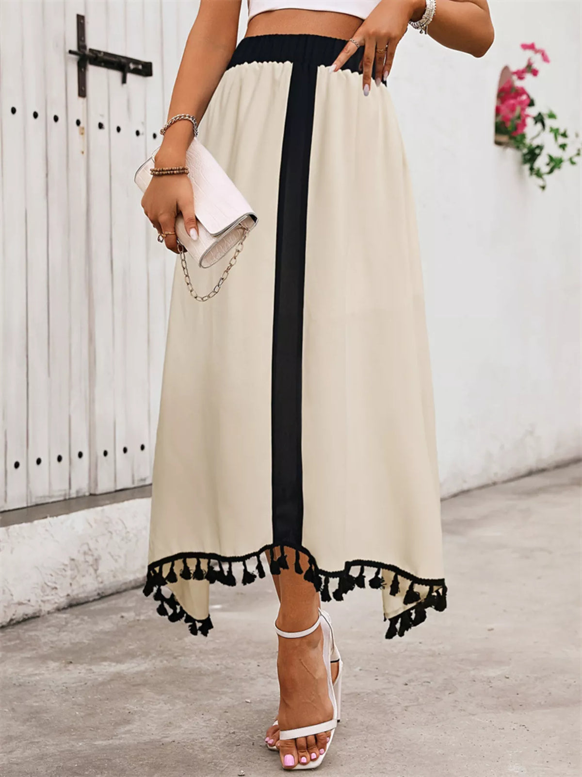 High-Waist Tassel Trim Skirt in Cream