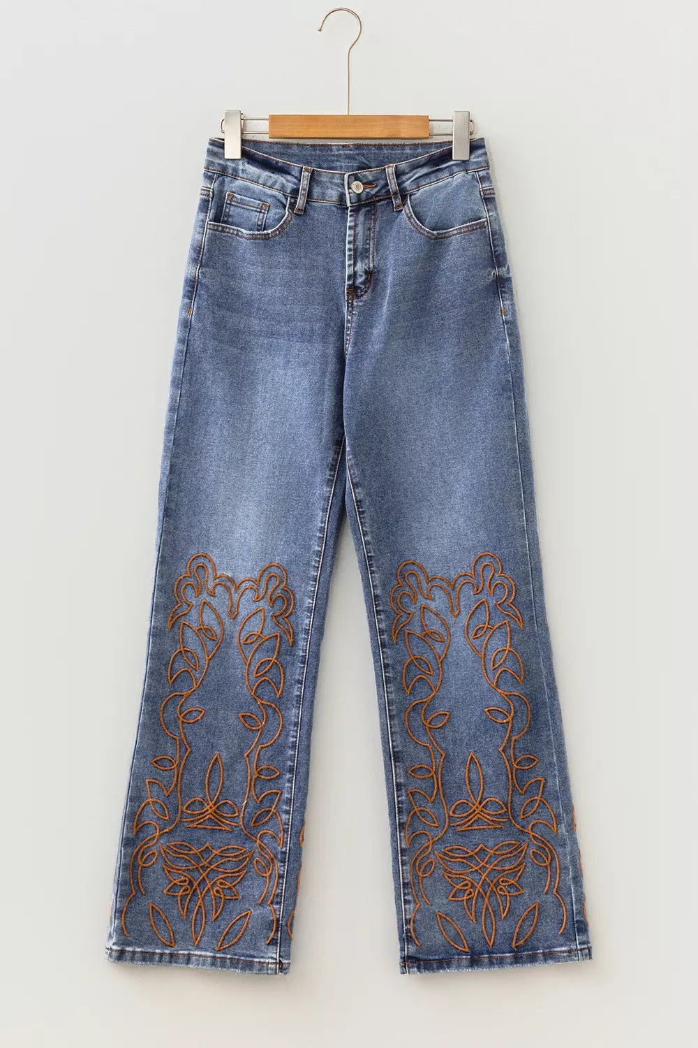 Embroidered Flare Leg Jeans in Medium Wash