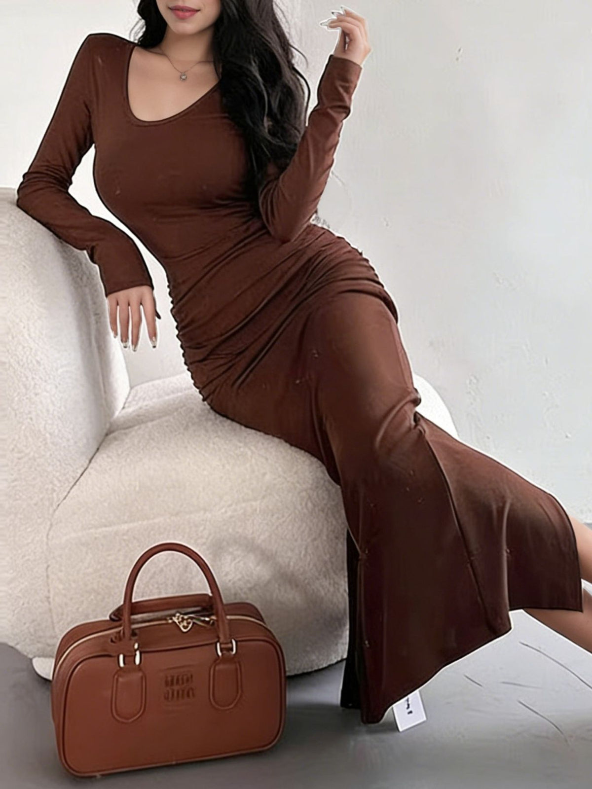 Long-Sleeve Ruched Bodycon Maxi Dress